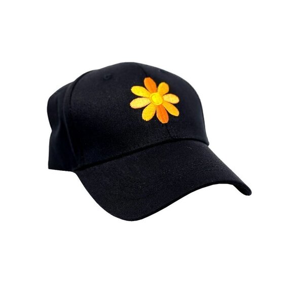 Womens Cute Fun Black baseball cap with orange embroidered flower NEW - Picture 1 of 2